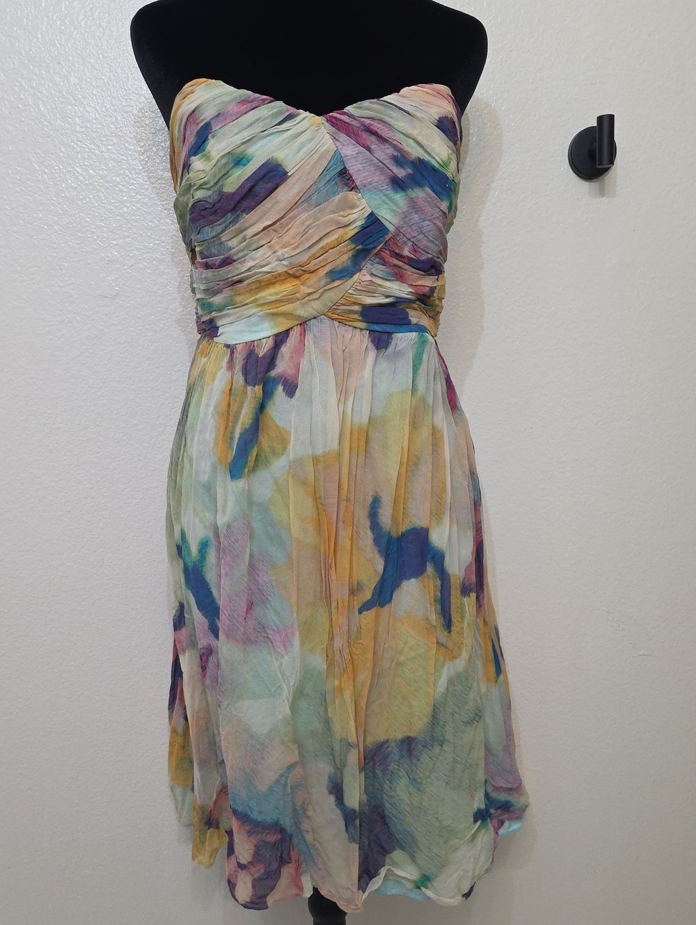 Donna Morgan Strapless Watercolor Mini Dress in Blue, Purple, Yellow